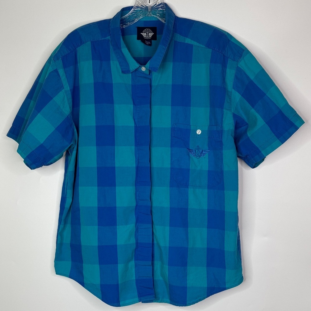 Vintage Dockers Blue Check Short Sleeve Button Down Shirt Size Large 90s